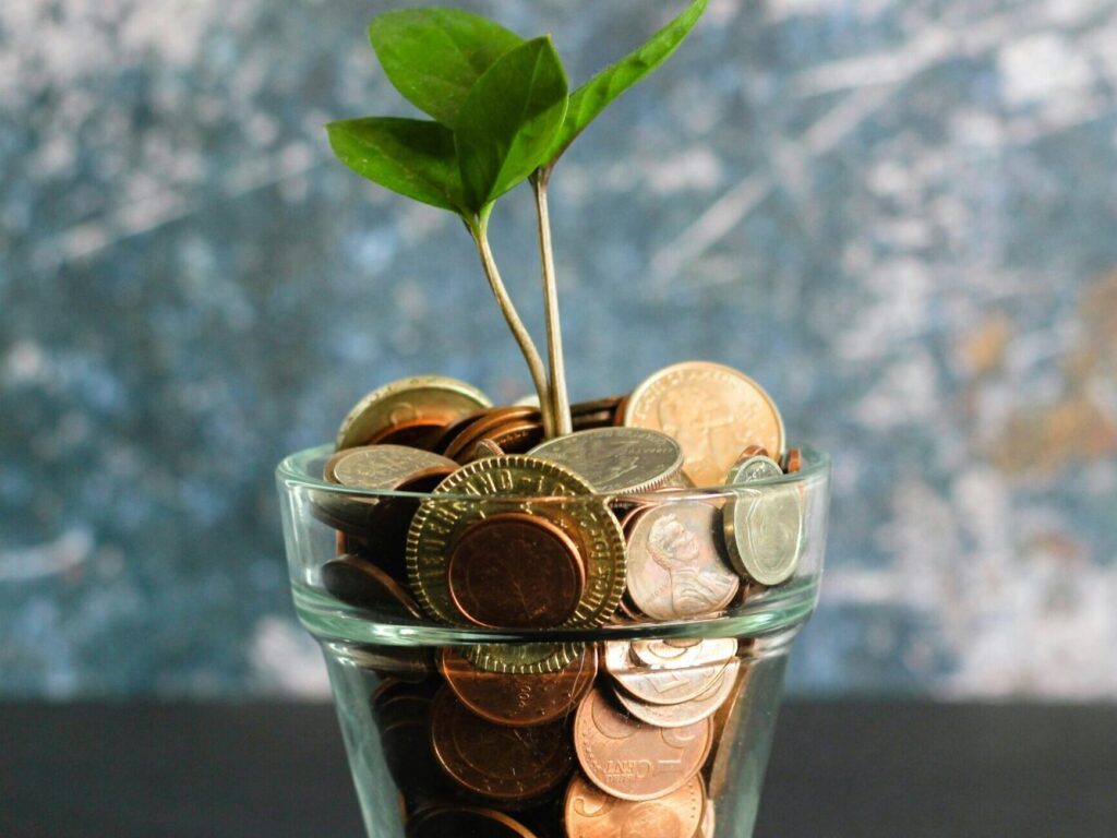 A sprout growing in a glass cup full of coins