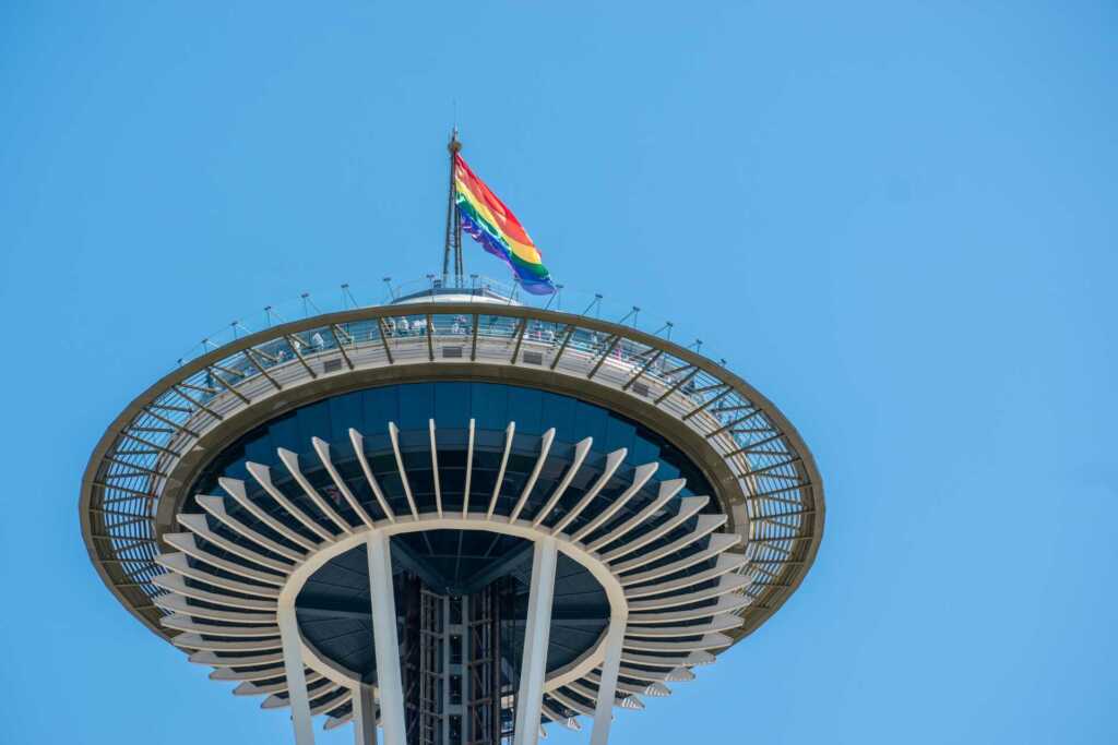 The Seattle Space Needle with a Pride flag on top