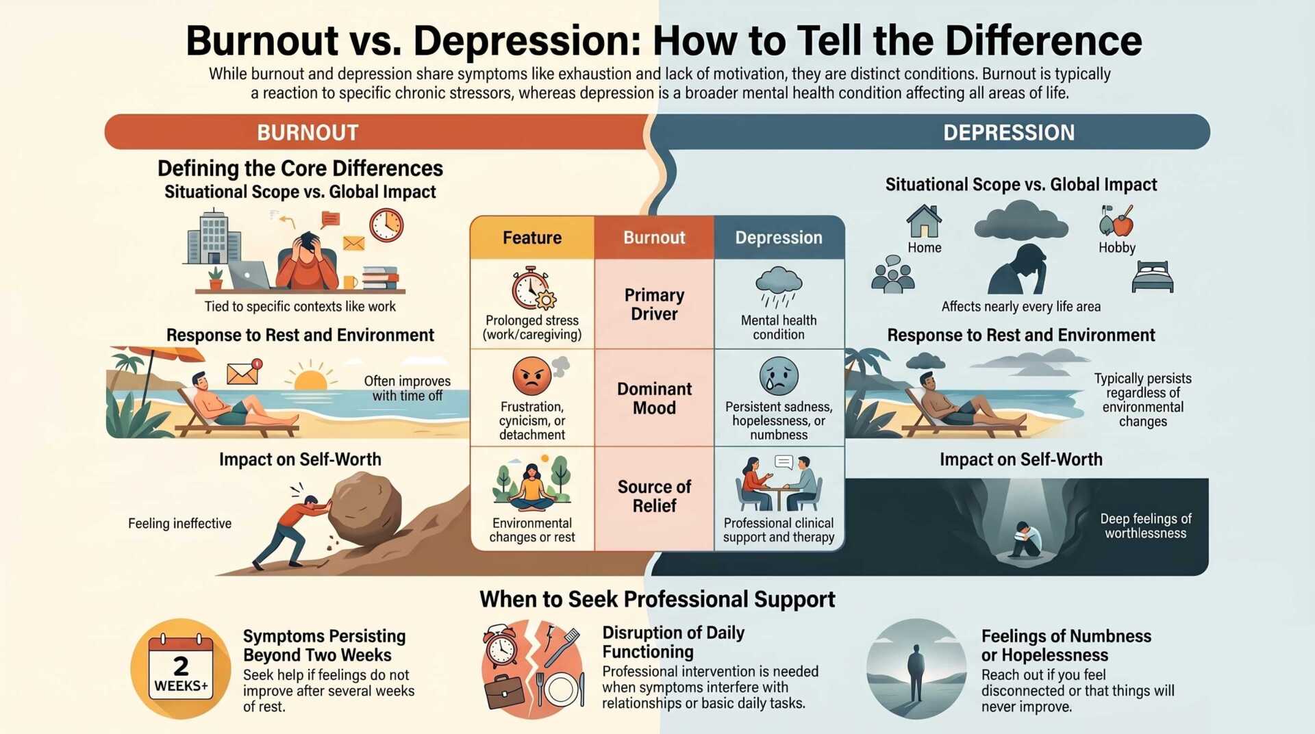 Burnout vs. Depression Burnout vs. Depression infographic