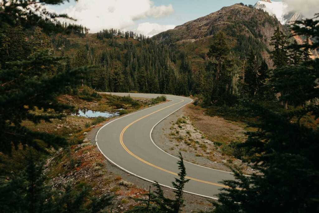 A road winding through the mountains and forest