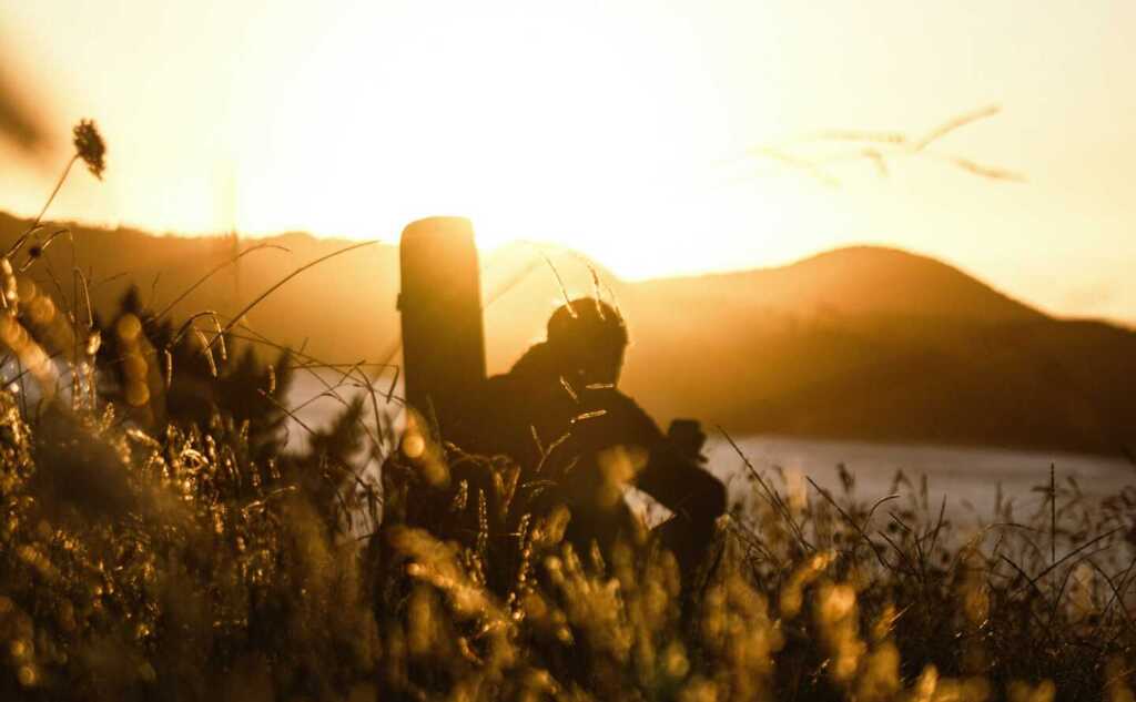 A man sitting in a field looking out to the hills during a sunrise