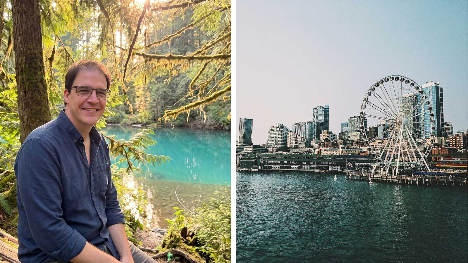 Paul Paul headshot side by side with a picture of the Seattle waterfront